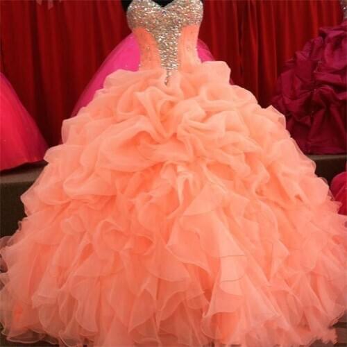 2020 Coral Quinceanera Dresses Floral Beaded Sweetheart Princess Ball Gown Sweet 16 Organza Pleated Princess Prom Dress Evening
