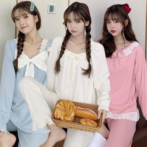 2021 Autumn Cotton Sweet Princess Pajama Sets for Women Long Sleeve Lace Bow Sleepwear Suit Pyjama Homewear Pijama Mujer Clothes