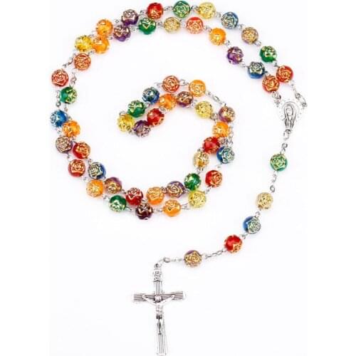 8mm Fashion Religious Jewelry Unisex Catholic Christian Jesus Colorful Rose Beads Virgin Mary Pendant Cross Rosary Necklace