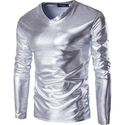 Shiny Coated Metallic T-shirt Men 2020 Fashion Long Sleeve V Neck Tee Shirt Homme Hiphop Nightclub Halloween T Shirt Male Silver