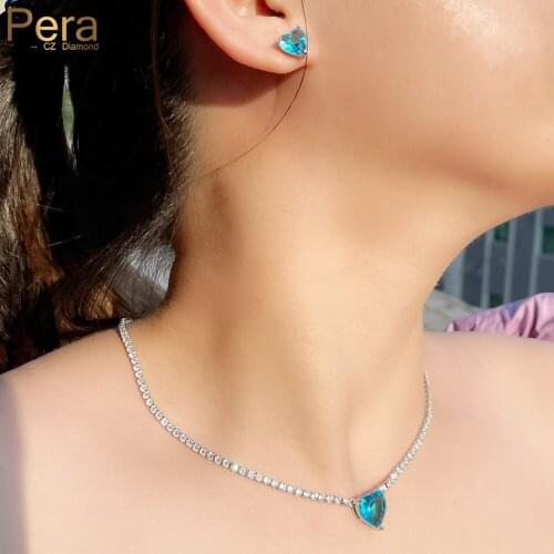 Pera Perfect Love Heart Shape Chain Link Light Blue CZ Crystal Earrings and Necklace Costume Party Jewelry Sets for Ladies J453