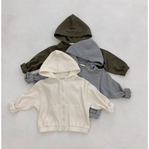Spring Autumn Children Unisex Waffle Loose Hoodies Fashion Kids Solid Color Soft Zipper Hooded Sweatshirts