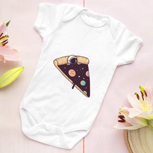 Funny Astronaut and Pizza Print Baby Boy Body Cartoon Y2k Fashion Newborn Clothes Short Sleeve O-neck Toddler Jumpsuits White