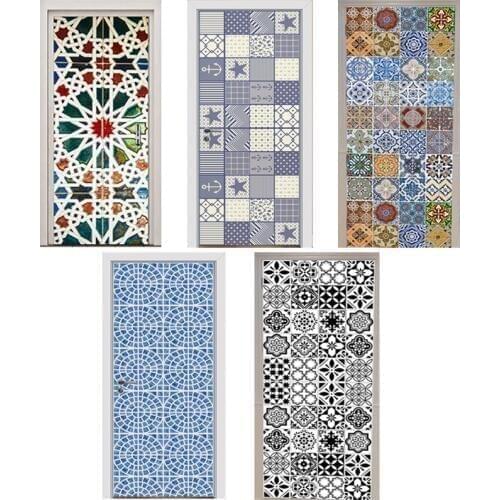 Door Stickers Kaleidoscope Mediterranean Style Color Black and White Tiles Mosaic Bedroom Wooden Door Home Decoration Paste