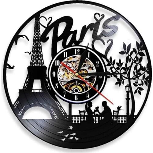 Paris Eiffel Tower LED Lighting Wall Clock Vinyl Record Night Light Clock Paris Love 3D Decor LED Wall Light