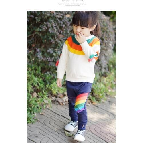 Toddler Girl Clothes Set 2pcs Cotton Rainbow Striped Sweatshirt Long Pants Outfits Kids Spring Autumn Outfit Fringe