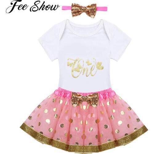 Newborn Infant Baby Girls Cake Outfits Sets Short Sleeves Glittery One Letters Printed Romper with Tutu Skirt Headband