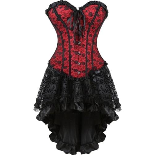 Corset dress and skirt set lace up corsets and bustiers sexy plus size vintage floral corselet lingerie party exotic burlesque