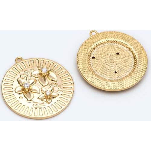 4pcs CZ Paved Round Flower Charms, 23mm, 18K Gold Plated Brass, Disk Pendants (GB-2266)