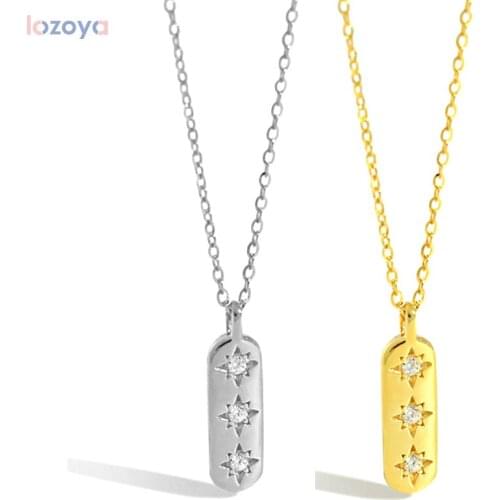 LOZOYA 925 Sterling Silver Gold Luxury Jewelry Square Pendant Three Zircon Necklace Long Chain Choker Fashionable Jewels