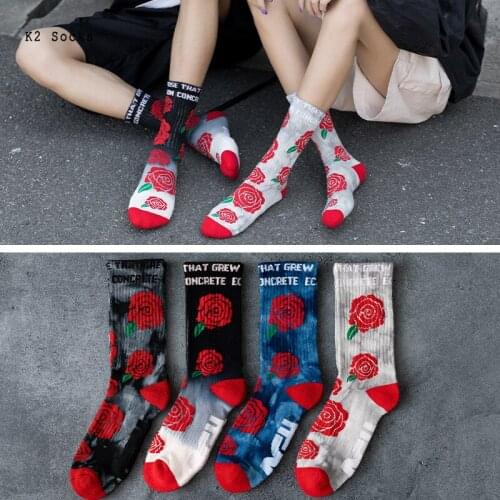 Tie-dye Red Rose Men and Women Socks Cotton Colorful Vortex Flower Couples Fashion Letter Skateboard Funny HipHop Girls Sockings