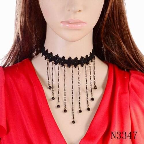 New Latest Model Design Choker Necklace Collar Black Chain Tassel Bead Pendant Lace Jewelry for Women