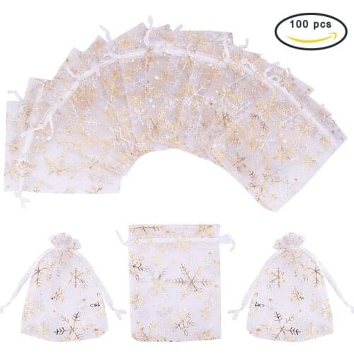 New White Organza Bag golden snowflake printed gauze bag candy gift bag 100pcs sets 12X10cm