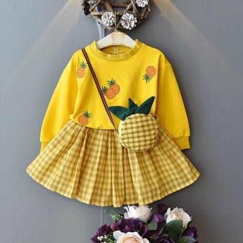 Baby Girl Clothes Pineapple Embroidered Sweater + Classic Plaid Dress Two-piece Set Send Shoulder Bag Children Clothes Outfit