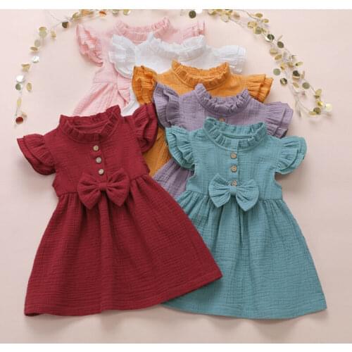 US Toddler Kid Baby Girl Solid Linen Button Ruffle Princess Dress Party Dress