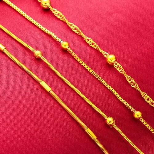 QEENKISS NC502 Fine Jewelry Wholesale Fashion Hot Woman Girl Birthday Wedding Gift Ball Wave Bamboo 24KT Gold Chain Necklace