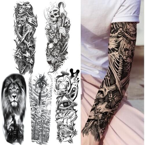 Halloween Monster Warrior Temporary Tattoo For Men Women Adult Black Full Arm Lion Tattoos Sticker Sleeve Fake Eye Skull Tatoos