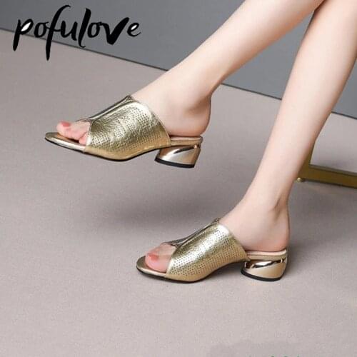 Pofulove Leather Slippers Women Silver Gold Sexy Med High Heels Square Heel Fashion Outdoor Jelly Sliders Casual Sandals Zapatos