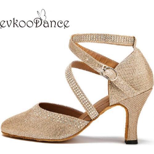 Evkoodance Zapatos De Baile Gold Or Silver Glitter With Rhinostone Heel Height 8cm Ballroom Dance Shoes For Women Evkoo-477