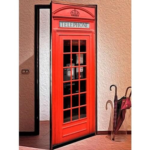 3D Door Sticker European UK Telephone Booth Wall Mural Art Wallpaper Door Stickers PVC Self Adhesive Removable Home Door Decals