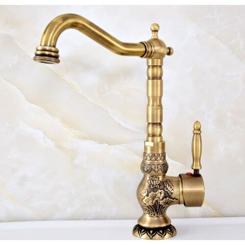 Antique Brass 360 Swivel Spout Kitchen Sink Faucet Deck Mounted Single Handle Mixer Tap Wsf128