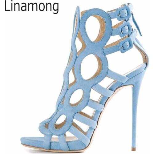 Sexy Bottines Cycle Hollow out Strappy Buckle Faux Suede Ankle Boots High Heels Women Peep toe Gladiator Boots Shoes Woman