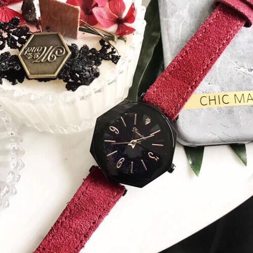 Cool Black Women Genuine Fur Leathe Strap Watches Cool 8 Sides Geometric Students Watches Candy Colors Waterproof Wrist watch