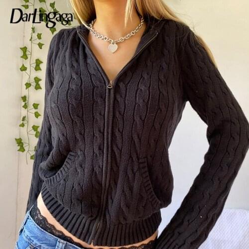 Darlingaga Fashion Twisted Solid Hooded Autumn Sweater Women Cardigan Zip Up Basic Jacket Coat Casual Knitted Sweaters Pockets