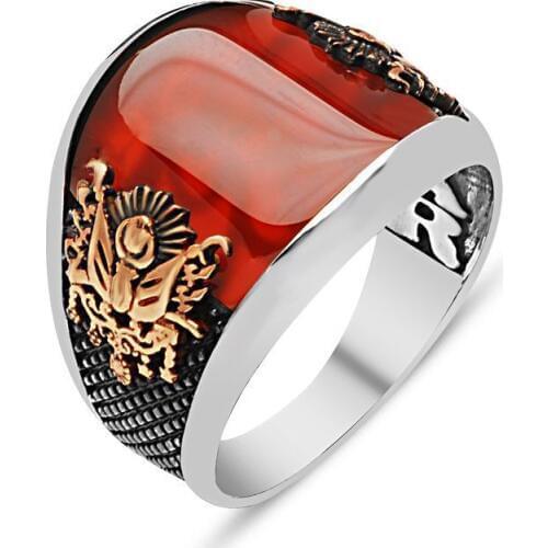 925 sterling Silver the Ottoman State Crested Red Agate Stone Ring