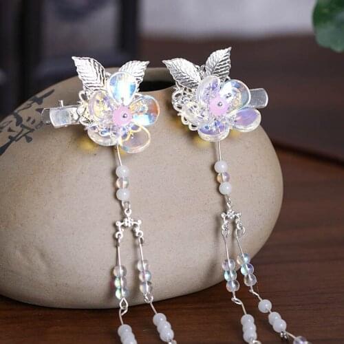 Chinese Style Sweet Big Colorful Flower Silver Leaves Decor Children Girl Hairpins Long Tassels Birthday Party Headwear BN