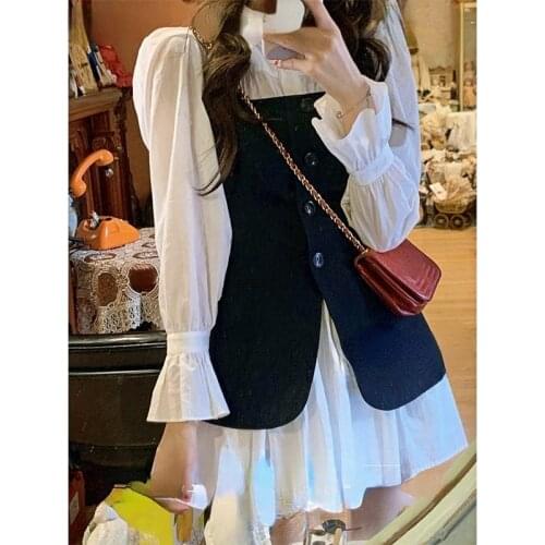 French Elegant Vintage Dress 2 Piece Set Female 2021 Autumn Long Sleeve White Party Dress Women + Y2k Design Vest Korea Fashion