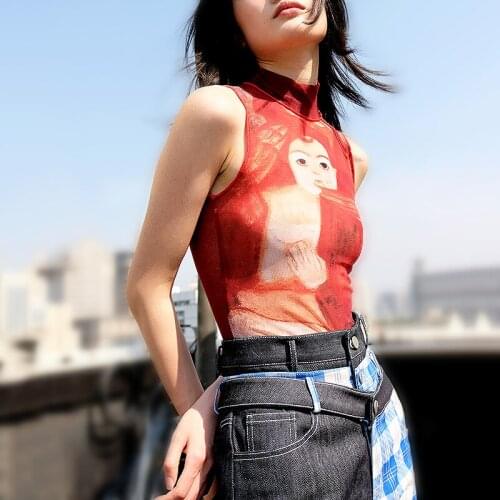 Fashion Young Ladies Turtleneck Sleeveless Mesh Vest Women Tops Chic Cartoon Pattern Slim Tight T-Shirts Women Clothing SL178