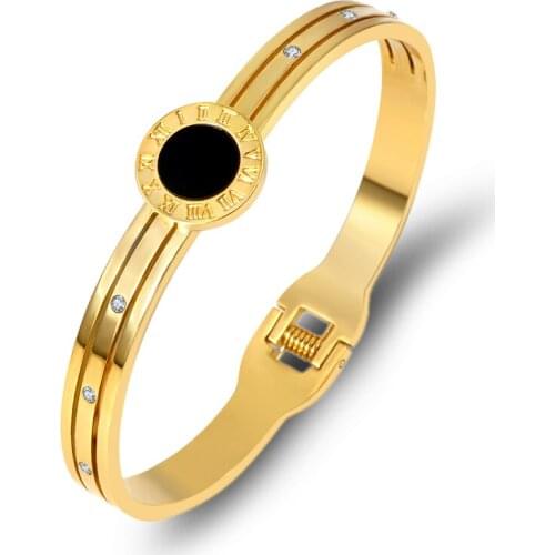 New Roman Numeral Bangles For Women Stainless Steel Jewelry Bracelet Black Round Brand Bracelet Rhinestone Gold Bracelet Jewelry