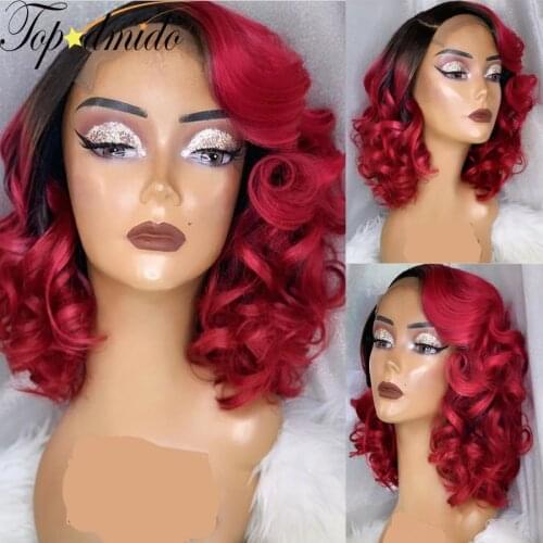 TOPODMIDO Omber Red Color Lace Front Human Hair Wigs with Natural Hairline Curly Brazilian Hair Deep Wave Bob Lace Front Wig