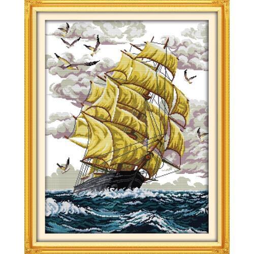 Sailing Ship(2) Scenery Cotton Canvas Cross Stitch Kits Accurate Printed Embroidery DIY Handmade Needle work Wall Home Decor