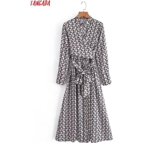 Tangada 2021 Autumn Winter Fashion Women Geometry Print Cross Shirt Dress with Slash Long Sleeve Ladies Midi Dress 3A255