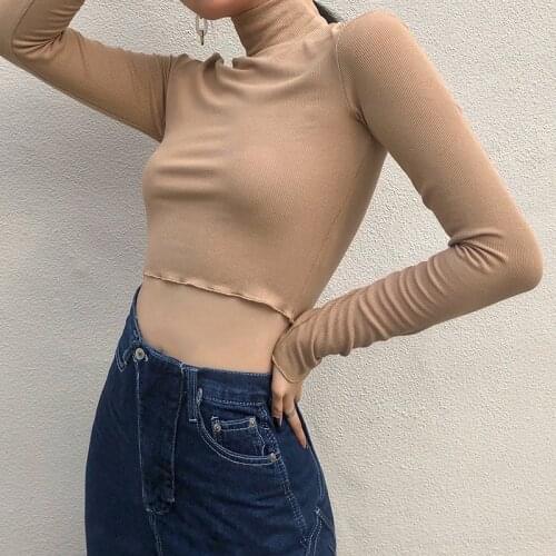 Casual Solid Knitted Women Cropped T Shirt Skinny Turtleneck Long Sleeve Spring Autumn Ladies Basic Tee Top 121281WTA