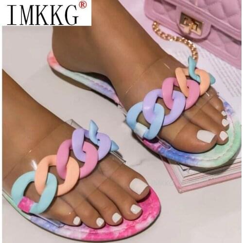 Summer New Style Plus Size Beach Slipper Fashion Sexy Roman Style PVC Transparent Chain Decoration Flat Outdoor Female Slippers