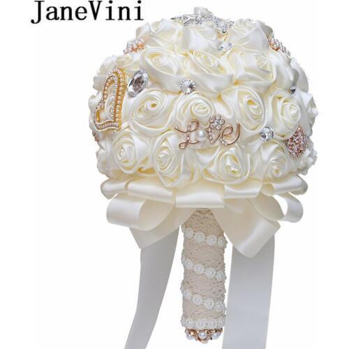 JaneVini Ivory Wedding Flowers Bridal Bouquet with Crystal Beaded Rose Articielle Love Decoration Shiny Pearls Bride Bouquets