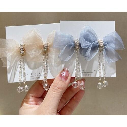 Japanese Trendy Bowknot Long Tassel Rhinestone Dangle Earrings Ribbon Crystal Earrings for Women Girl Friend Gifts Accessories