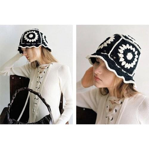 Women Hollow Flower Knitted Fisherman Hat Handmade Crochet Color Matching Basin Cap Four seasons Sunscreen Sun Hat Bucket Hat