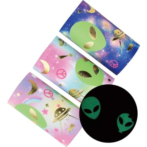 50yards 75mm Gold Foil Inked Night Glow Saucer Man Grosgrain Ribbon For DIY Accessories Welcome Custom designs