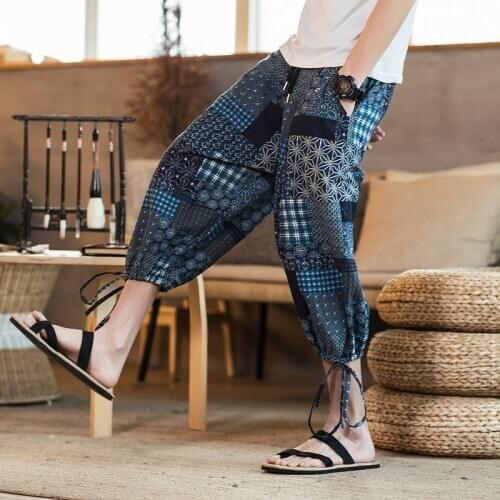 #8053 Summer Cotton Linen Pants Men Printed Floral Vintage Trousers Thin Loose Harem Pants Elastic Waist Calf-length Plus Size