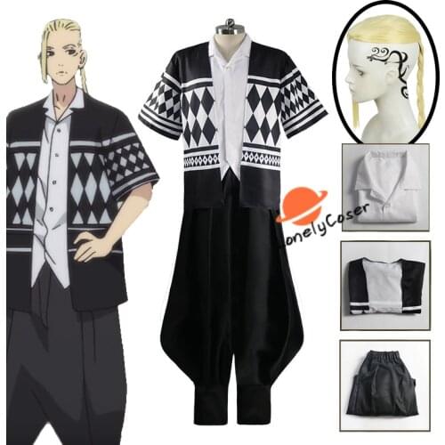 Anime Tokyo Revengers Ken Ryuguji Cosplay Costume Wig Shirt Pants Cloak Halloween Party Black Suit Role Play Uniform Outfits