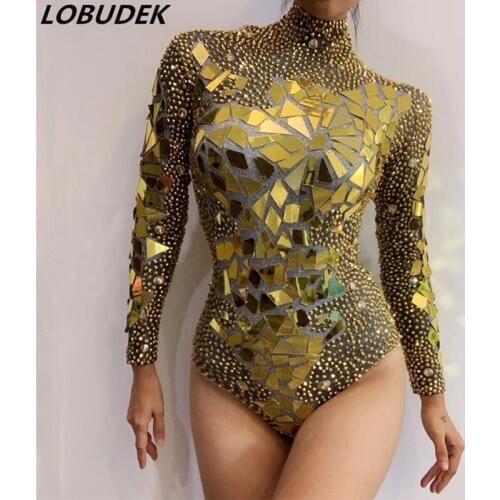 Gold Silver Rhinestones Mirrors Bodysuit Elastic Skinny Crystal Sequins Jumpsuit Birthday Party Nightclub Singer Dancer Costume