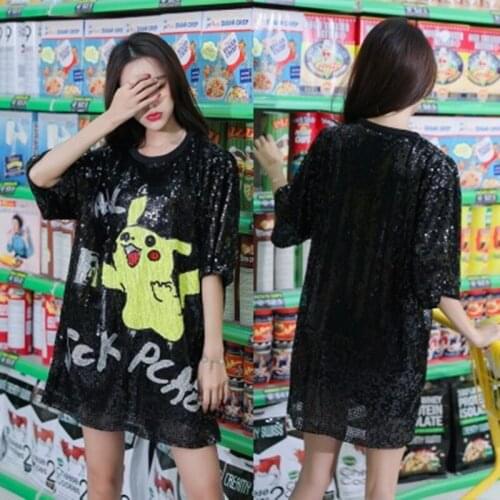 Anime Pattern Letter Casual Straight Half Sleeve O-neck Black Free Sizee Loose Fashion Casual Summer Sequined Dress 9945