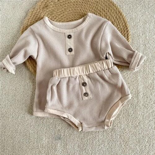 Newborn Infant Baby Girl Boy Autumn Ribbed Solid Color Soft Clothes Sets Waffle Long Sleeve Sweater + Shorts Suit 2PCs Outfits
