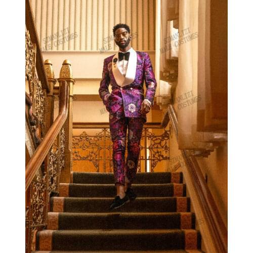 Handsome Purple Floral Double Breasted Men Suits Costume Homme Slim Fit Wedding Prom Slim Fit Tuxedo Groom Party Blazer+Pant