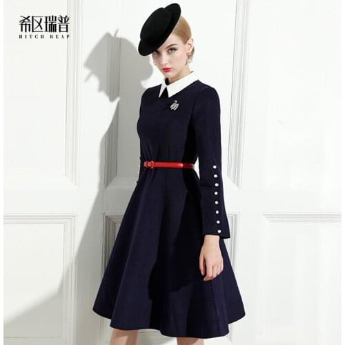 Hepburn Style Small Black Dress Lapel Woollen Dress Celebrity Party Autumn Winter Annual Meeting Dress