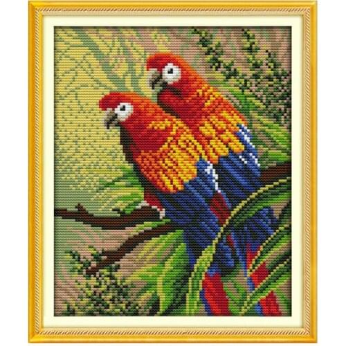 Joy Sunday Two parrots cross stitch kits Animal print cloth chinese embroiderys wholesale count needlework decorations for home